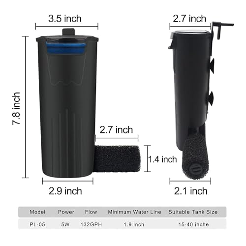 Image of Aquarium Internal Filter 5W 132GPH Low Waterfall Filter for Small Turtle Tank Shrimp Amphibian Frog Crab Freshwater Saltwater 5-40 Gallon with 2 Sponges