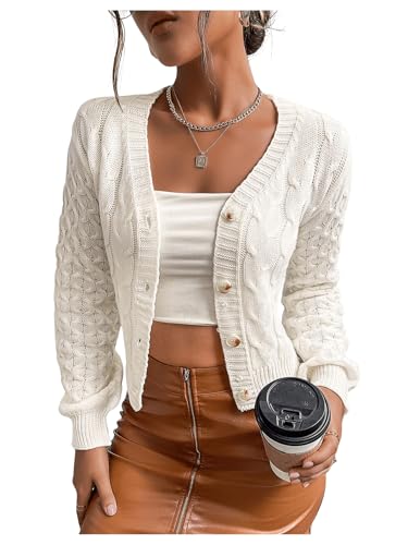 OYOANGLE Women's Cable Knit Cropped Cardigan V Neck Button Down Long Sleeve Sweater Outerwear