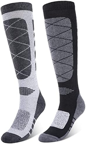 KUYOU 2 Pairs Thermal Ski Socks, Long Knee High Thick Warm Winter Cycling Sports Socks for Womens Ladies Men Adult Blister Cushioned Snowboarding Mountaineering Hiking Work Boot Cotton Socks