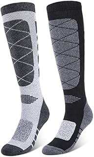 KUYOU 2 Pairs Thermal Ski Socks, Long Knee High Thick Warm Winter Cycling Sports Socks for Womens Ladies Men Adult Blister Cushioned Snowboarding Mountaineering Hiking Work Boot Cotton Socks