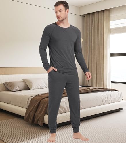 Image of NACHILA Mens Pajamas Set Long Sleeve Henley Sleepwear Top Soft Jogger Pants Pajamas Cool Pjs Set,Viscose Made from Bamboo