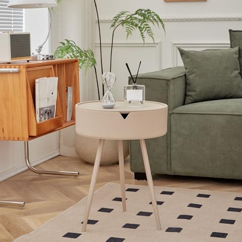 Mesa auxiliar redonda vintage con cajón, color caqui, mesa auxiliar pequeña para sala de estar, mesa de acento moderna de mediados de siglo, elegante mesita de noche para dormitorio