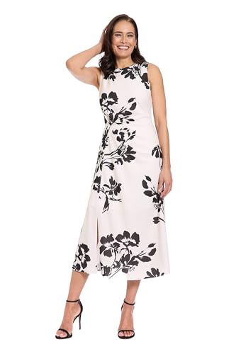 London Times - Sleeveless Round Neck Sheath Midi Wedding Guest Dresses - 6 Cream/Black