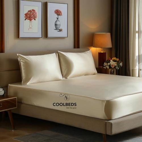 Image of COOLBEDS Satin King Size Bedsheet With Elastic Fitted and 2 Pillow Covers - 400 Thread Count - 203 x 183 cms (Taupe)