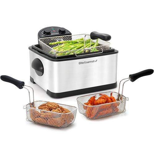 Elite Gourmet EDF-401T Electric 4.5 Qt. / 17 Cup Immersion Deep Fryer 3-Baskets, 1700-Watt, Timer Control Adjustable Temperature, Lid with Viewing Window and Odor Free Filter