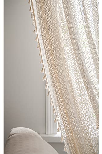 Mvmva Lace Curtains 84 Inches Long -  2 Panels Boho Windows Sheer Curtains Crochet Vintage Cotton Tassel Window Curtains Panels For Bedroom Living Room (Crochet Beige, 59" X84 ) #TOP5
