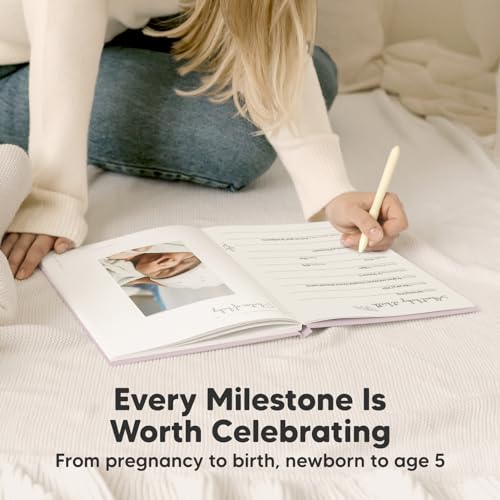 Baby Memory Book - First 5 Years Journal, Modern Milestone Book, Hardcover 66 Pages, Boys & Girls, Photo Albums, Scrapbook Album (Mist Pink)