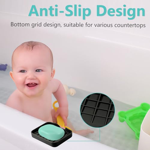 YoHyien 2 Stück Silikon Seifenschale mit Ablauf, Seifenschale Dusche, Seifenhalter Badewanne, Seifenablage Waschbecken, Seifenschalen für Badezimmer, Küche & Zähler (Schwarz)