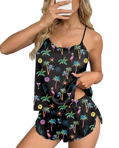 Image of Ekouaer Silk Pajamas Set for Women Satin Backless Lingerie Pjs Cami Top and Shorts Nightwear