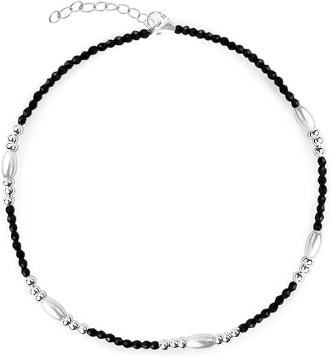 TOUCH925 Fine 925 Silver Beaded Oval Link Anklet for Women | Black Beaded Payal Anklet with Oval Link Chain Design | Gift ...