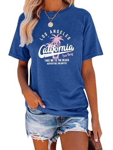 TAKEYAL Women Los Angeles Tshirt Graphic Tee Adventure Tree Workout Casual Outdoor Athletic Short Sleeve Tee Tops (Blue, L)