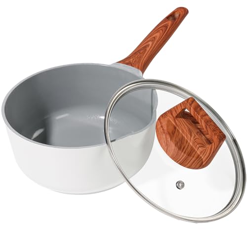 2 Quart Nonstick Sauce Pan with Lid, Nonstick Saucepan with Pour Spout, Small Pots for Cooking with Handle for All Cookers, Stove, Induction, Gas, Non Toxic (White, 18CM)