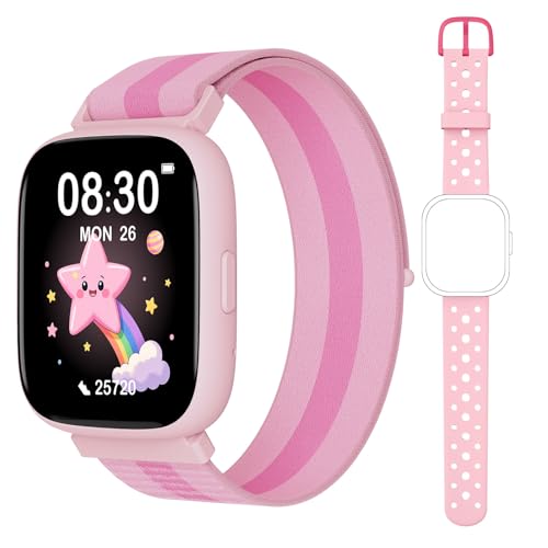 TICTIKY Pulsera Actividad Niñas 5-16 Sin App Necesaria, 1,83 Reloj Inteligente con Podómetro, Resistente al Agua IP68, Frecuencia Cardíaca, Monitor de Sueño, Juegos de Rompecabezas, Nylon