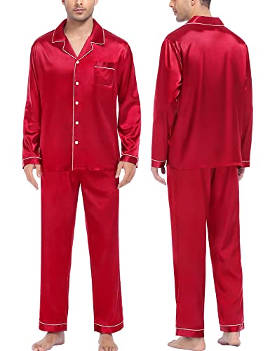 SWOMOG Pyjama Set for Men Long Sleeve Satin Pyjamas Two Piece Sleepwear Button-Down Loungewear Silk Pjs Red
