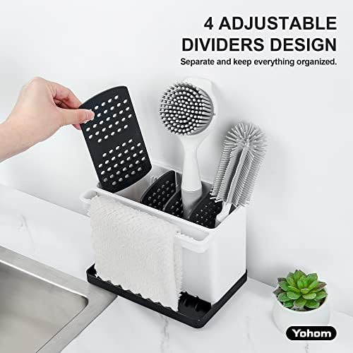 YOHOM Dish Brush Holder for Kitchen Sink Sponge Caddy Countertop Organizer Plastic Scrub Brush Holder with Dividers