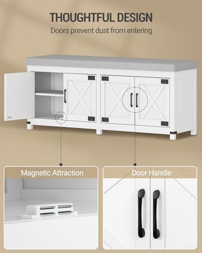 Hzuaneri Shoe Storage Bench, 2 Tier Shoe Bench with Padded Seat Cushion & 4 Barn Doors, Entryway Bench with Adjustable Shelf, Farmhouse Shoe Cabinet for Living Room, Bedroom, White SB31203GY - Thumbnail 7