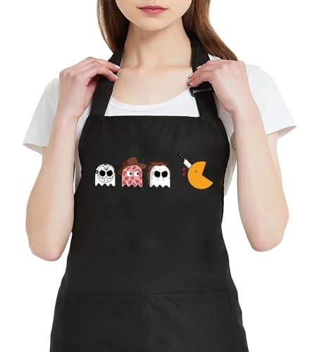GXVUIS Delantales de Halloween para mujer con 2 bolsillos, diseño gráfico de película de terror, impermeable, ajustable, delantal para cocina, barbacoa, Negro -, regular