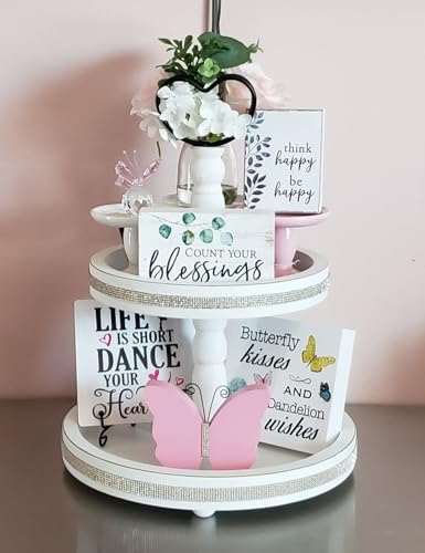 2 Tiered Tray Stand Decor, White Tiered Tray Decor for Farmhouse, Coffee Bar, Weddings-Holiday (White)