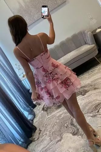 Dymaisei Tiered Ruffle Homecoming Dresses Short for Teens Floral Chiffon Spaghetti Straps V Neck Formal Cocktail Dress3