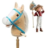 HollyHOME Stick Horse Plush Handcrafted Hobby Horse on a Stick with Wood Wheels Real Pony Neighing and Galloping Sounds for Kids Toddlers Beige 36 Inches(AA Batteries Required)