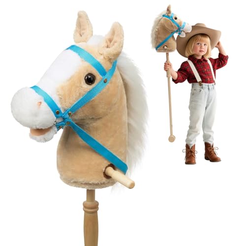 HollyHOME Stick Horse Plush Handcrafted Hobby Horse on a Stick with Wood Wheels Real Pony Neighing and Galloping Sounds for Kids Toddlers Beige 36 Inches(AA Batteries Required)