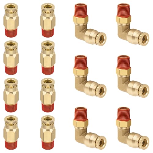 Boeray 1/4” Quick Push to Connect Fittings Brass Male Straight and Elbow Combination DOT Approved 1/4