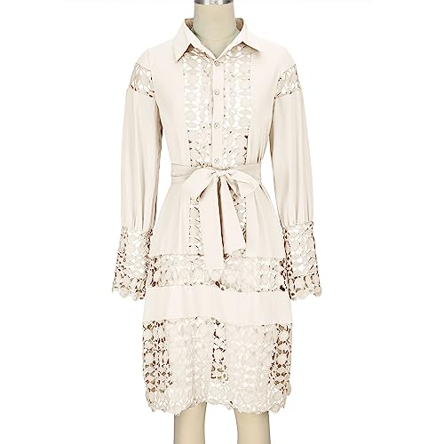 Generic Vestidos femininos com ilhoses fechados verão outono renda manga longa gola alta midi vestid