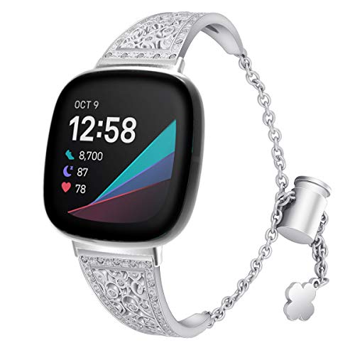 AISPORTS Kompatibel mit Fitbit Sense Armband/Fitbit Versa 3 Armband Frauen, Schlank Kristall Bling Glitzer Schmuck Diamant Ersatzband mit Metall Schnalle Ersatzarmband für Fitbit Sense/Fitbit Versa 3 Cover