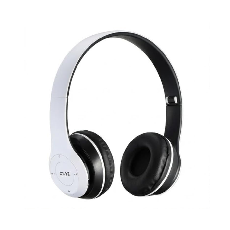 p47 wireless bluetooth headphones with built-in mic, fm radio, tf card support, foldable stereo bass over-ear headset – multicolor. (white)