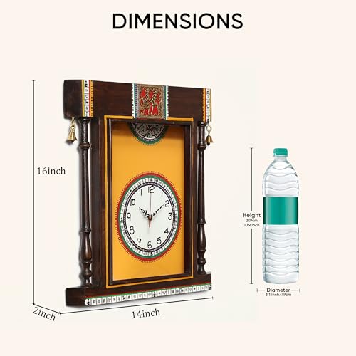 Image of AAKRITI ART CREATIONS Wall Clock Handcrafted Warli Art Yellow Dial with Glass Frame Brown, Yellow | Wall Clock for Home, Home Decoration | Wooden wall Decor | Matte Finish