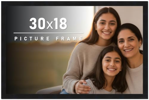 30x18 Frame Black Picture Frame - Complete Modern Photo Frame Includes UV Acrylic Shatter Guard Front, Acid Free Foam Backing Board, Hanging Hardware Wood Wall Frames for Family Photos - no Mat