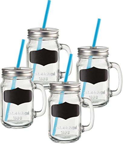 Circleware Yorkshire Mason Jar Drinking Mugs with Glass Handles, Fun Chalkboard, Metal Lids and Hard Plastic Blue Straws, Set of 4, 17.5 Ounce, 4 Count (Pack of 1), Clear