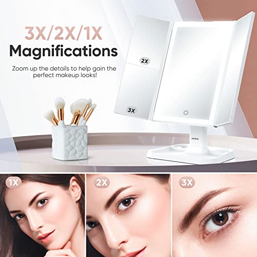 Makeup Mirror Vanity Mirror With Lights - 3 Color Lighting Modes 72 Led Trifold Mirror, 1X/2X/3X Magnification, Touch Control Design, Portable High Definition Cosmetic Lighted Up Mirror #TOP3