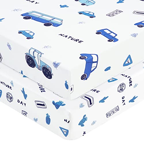 Image of PHF Soft Polyester Car Crib Sheet Fitted, 2 Pack Silky Comfy Breathable Baby Sheets for Boys Girls,28x52x9in Fits Standard Crib and Toddler Mattresses, Cars