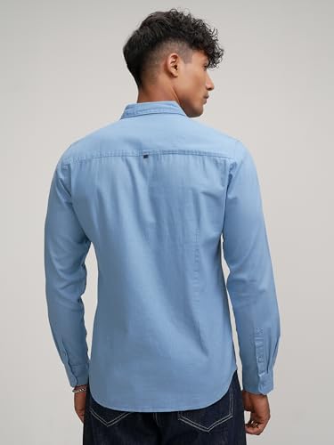 Image of Highlander Men's Blue Solid Slim Fit Casual Shirt | Sleek & Versatile | A Timeless Wardrobe Essential