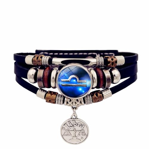 UOMSKTY Bracciale Luminoso Con Segni Zodiacali Bilancia, Bracciale Astrologico Bracciale In Pelle Con Perline Multistrato, Bracciale Rigido Con Fibbia Regolabile Retrò Punk, 17,5,20,5 Cm