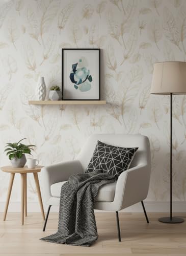 Image of Veki Luxury Floral & Botanical Geometric Wallpaper Mural - Waterproof, Moisture-Proof, Self-Adhesive PVC Wall Sticker for Home & Hotel Decoration (45cm x 300cm) (White Feather)