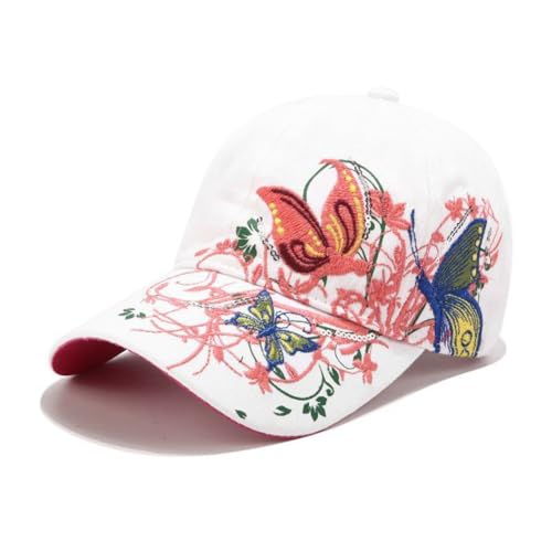PACDE Gorra de béisbol bordada con diseño de mariposa para mujer, con lentejuelas, correa ajustable, de algodón, para mujer, gorra de béisbol para mujer, blanco, Talla única