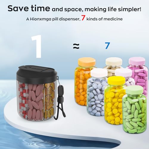 Image of Hionxmga Pill Dispenser with 7 Large Compartments, Pill Bottle Organizer for Travel, Supplement Organizer with Anti-Mixing Design, Pill Container with 20 Pcs Labels, Black 2Pcs
