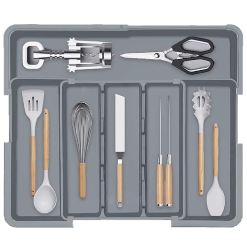 Glowjoy Organizador Cubiertos para Cajon, Organizador de Cubiertos Expandible, Separador Vajilla de Plástico para Almacenaje Cocina, Para Tenedores y Cuchillos (Gris)