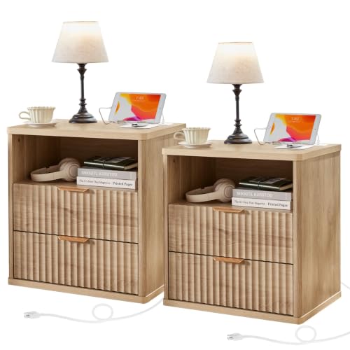 Image of LEYAOYAO Fluted Nightstand Set of 2 with Charging Station,23 inch Modern Nightstand with Wood Grain Top, 2 Drawer End Table w /Storage, BedsideTable for Bedroom, Living Room, Natural