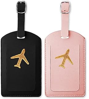 ExceLife 2 Pack PU Leather Luggage Tags, Suitcase Baggage Name ID Labels Identify Tags with Full Privacy Cover for Travel Bag Suitcase Handbags Backpacks (Black & Pink)
