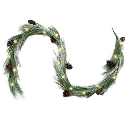 Jutom 9 ft Pre-lit Christmas Snowy Norfolk Pine Garlands White Frosted Real Touch Cedar Garland Artificial Long Needle Garland with Pine Cone Light for Xmas Mantle Table Stair Indoor Outdoor Decor