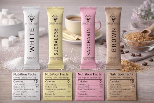Office Roast Variety Pack - Assorted Sweeteners for Coffee, Tea & Beverages – Includes Saccharin, Sucralose,White Sugar & Raw Brown Sugar – Convenient, Individually Wrapped Packets (200 Count Total)