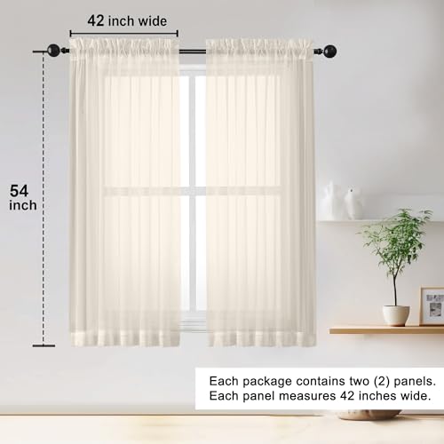 Image of OWENIE Sheer Curtains 54 inches Long 2 Panles for Living Room Bedroom Small Windowm, Rod Pocket Light Filtering Voile Sheers Drapes, 42 inch W x 54 inch L, Cream