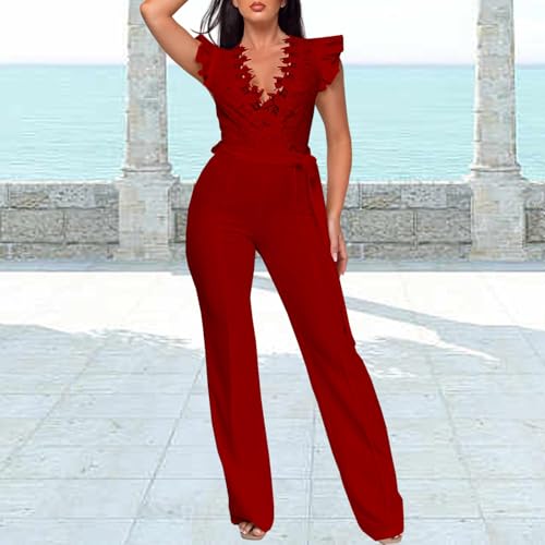 Image of PaladMom Womens Elegant Plus Size Jumpsuits Sexy Back zipper Short Sleeve Mid Waist Wide Leg Straight Rompers