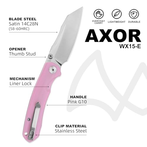 WIXCO Folding Pocket Knife, 3.35" 14C28N Blade G10 Handle Liner Lock EDC Knife, Small Pocket Knife for Men, Sharp Pocket Knives Camping Hiking Hunting Survival Knives with Clip (Pink) by WIXCO - Image 2