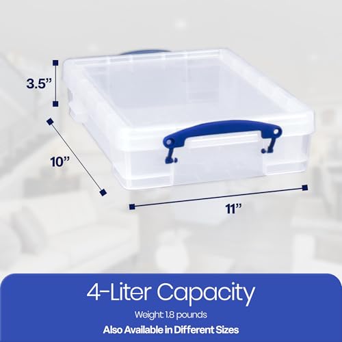 Image of Really Useful Box 4 Liter Plastic Stackable Storage Container w /Snap Lid & Built-In Clip Lock Handles for Home & Office Organization, Clear (4 Pack)