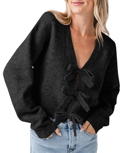 Image of Saodimallsu Womens Bow Sweater Cropped V Neck Long Sleeve Pullover Tops | Soft Cozy Knit, Two-Way Wear Design, Front & Back Bow, Cute Fall Tops 2026, Winter Fashion, Dressy Casual Holiday Outfits