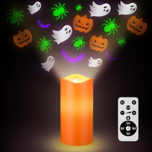 Image of Baquler Halloween Projector Candle Ghost Projector Light Halloween Indoor Decoration Spooky Scary LED Flameless Candle Battery Operated Night Light with Remote and Timer Bedroom Home Decor Party Gift